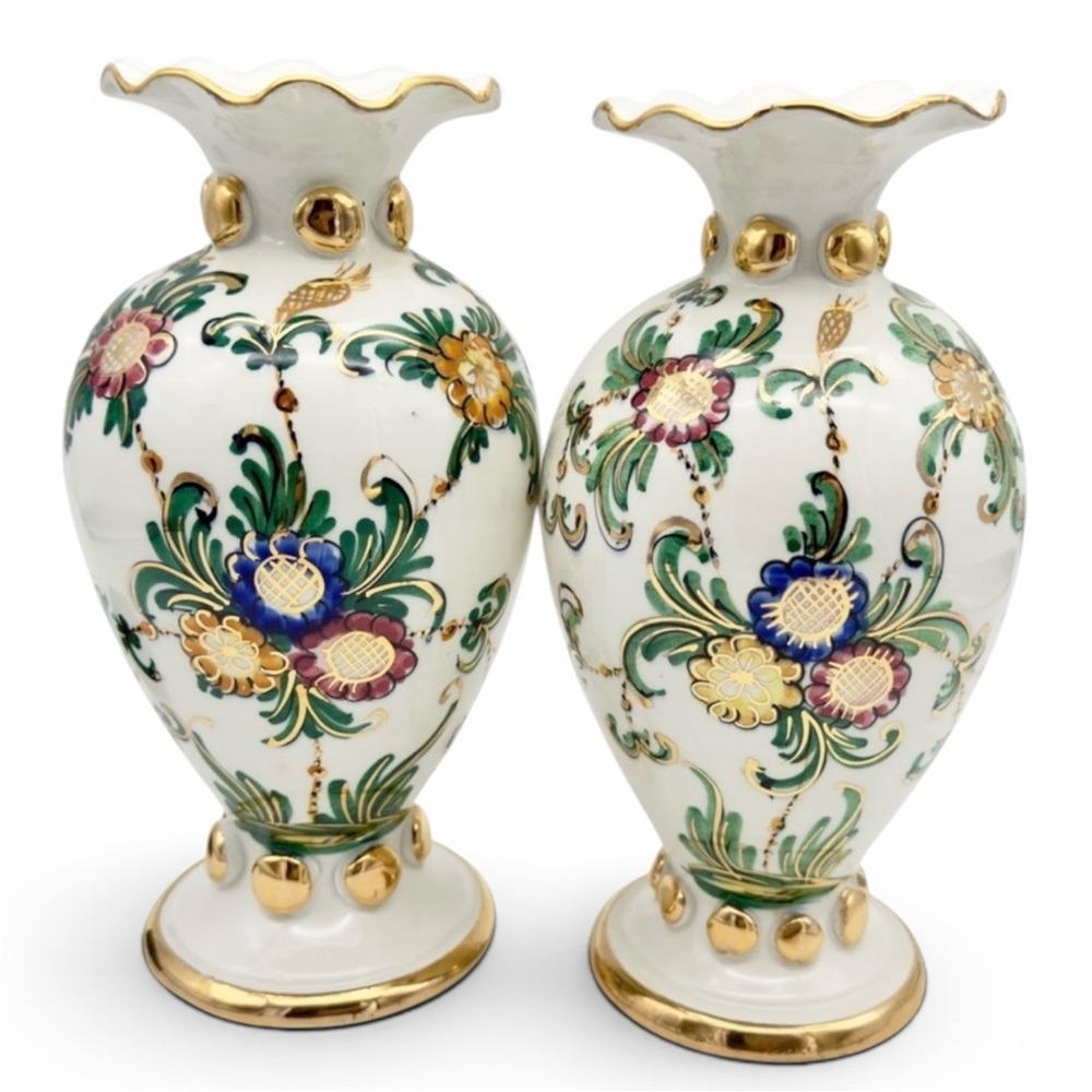 Italian Hollywood Regency Style Vase Set Pair Ruffle Top Flora Vintage MCM Italy